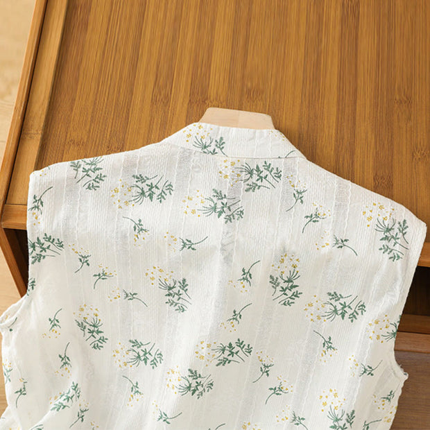 Buddha Stones Retro Printing Floral Plant Pattern Chinese Frog-Button Design Women's Cotton Sleeveless Vest