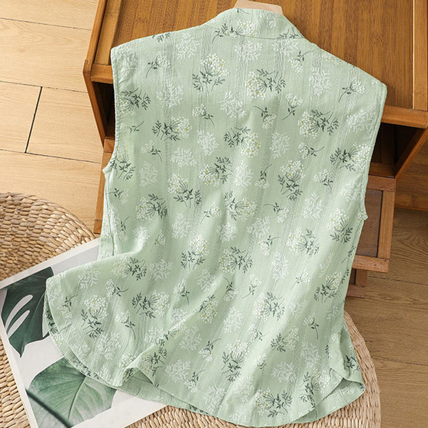 Buddha Stones Retro Printing Floral Plant Pattern Chinese Frog-Button Design Women's Cotton Sleeveless Vest