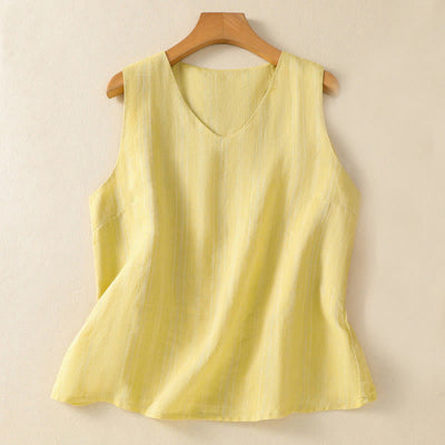 Buddha Stones Vintage Summer Solid Color Simple Design V-Neck Women's Cotton Sleeveless Vest