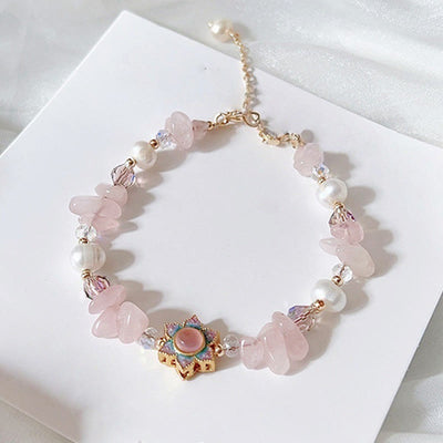 Buddha Stones Natural Gravel Rose Quartz Flower Pearl Healing Bracelet