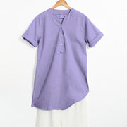 Buddha Stones Casual Plain Button Notched Collar Women's Short Sleeve Shirt