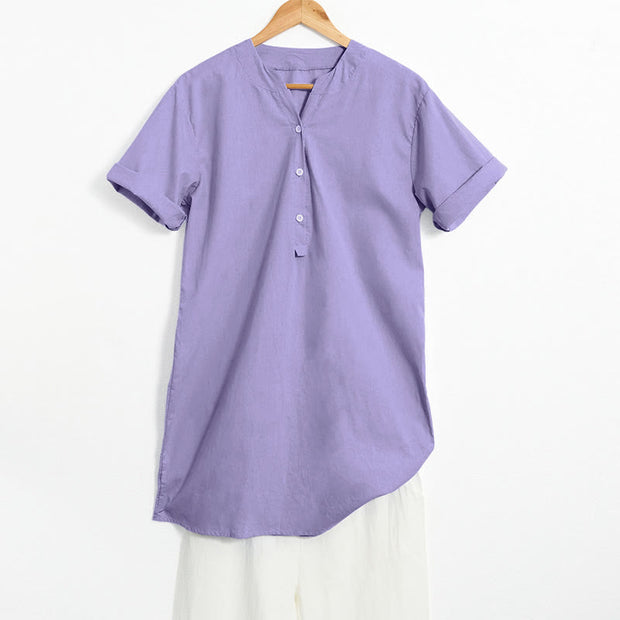 Buddha Stones Casual Plain Button Notched Collar Women's Short Sleeve Shirt