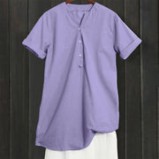 Buddha Stones Casual Plain Button Notched Collar Women's Short Sleeve Shirt