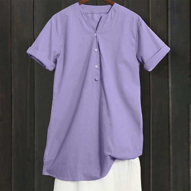 Buddha Stones Casual Plain Button Notched Collar Women's Short Sleeve Shirt