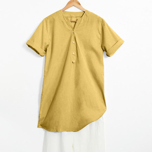 Buddha Stones Casual Plain Button Notched Collar Women's Short Sleeve Shirt
