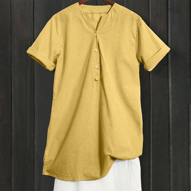 Buddha Stones Casual Plain Button Notched Collar Women's Short Sleeve Shirt