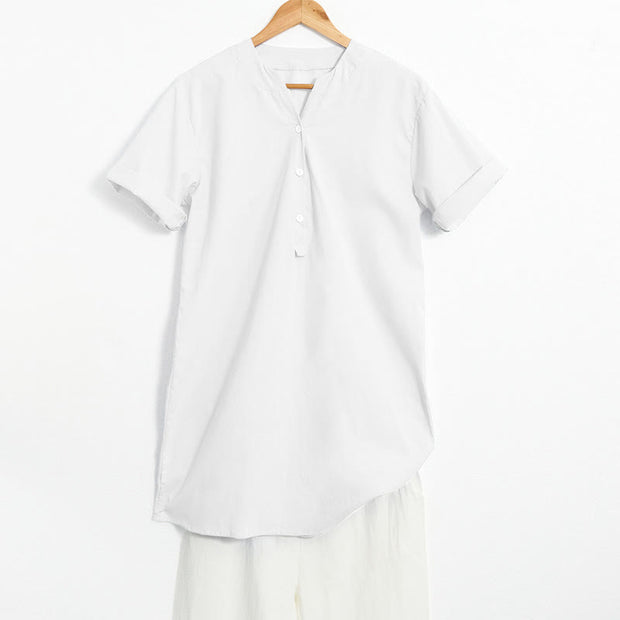 Buddha Stones Casual Plain Button Notched Collar Women's Short Sleeve Shirt