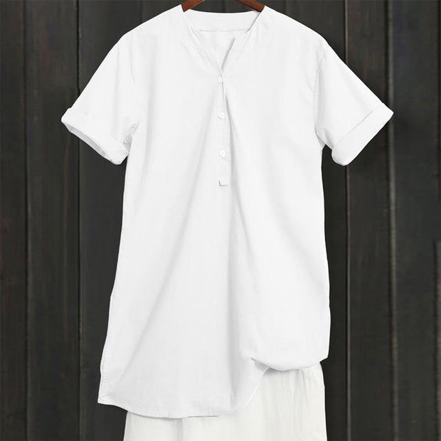 Buddha Stones Casual Plain Button Notched Collar Women's Short Sleeve Shirt