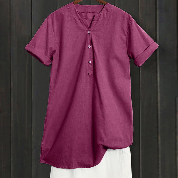 Buddha Stones Casual Plain Button Notched Collar Women's Short Sleeve Shirt