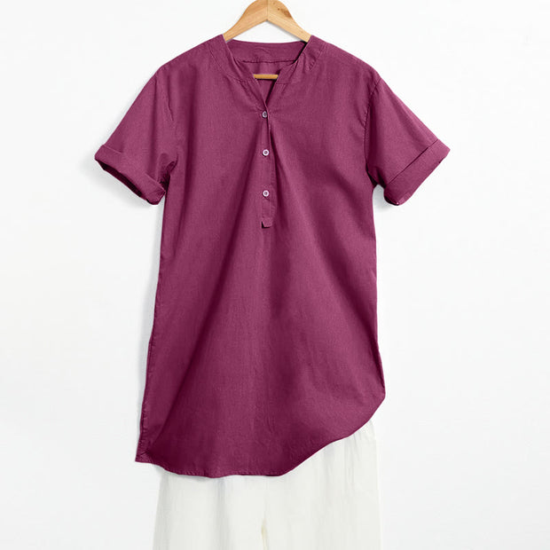 Buddha Stones Casual Plain Button Notched Collar Women's Short Sleeve Shirt