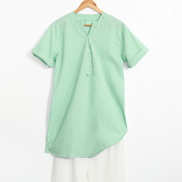 Buddha Stones Casual Plain Button Notched Collar Women's Short Sleeve Shirt