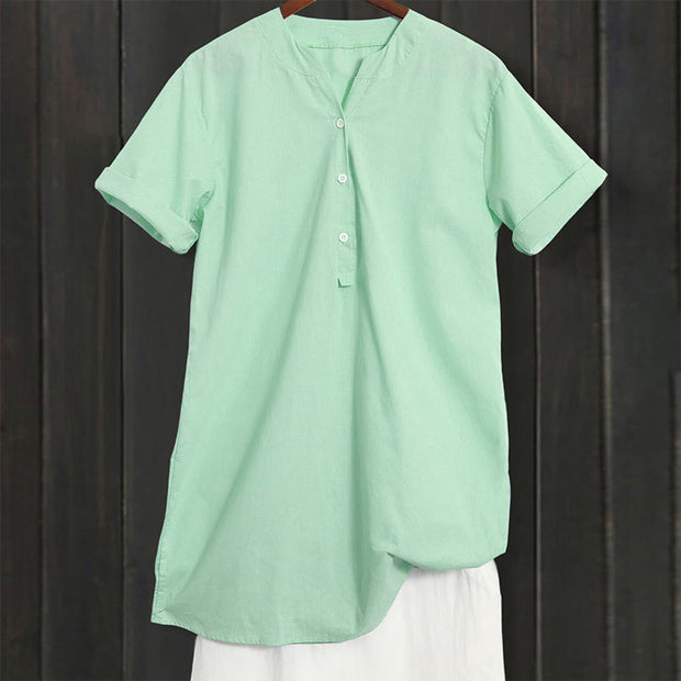 Buddha Stones Casual Plain Button Notched Collar Women's Short Sleeve Shirt