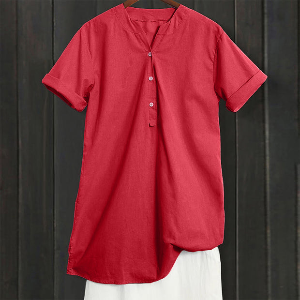Buddha Stones Casual Plain Button Notched Collar Women's Short Sleeve Shirt