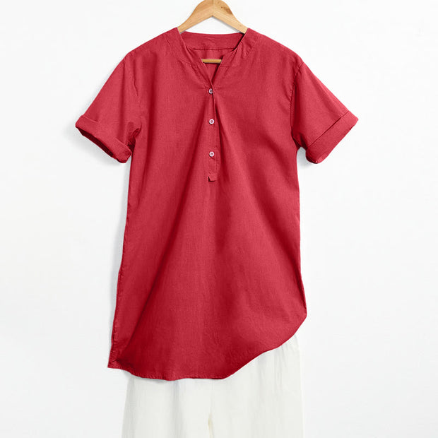 Buddha Stones Casual Plain Button Notched Collar Women's Short Sleeve Shirt