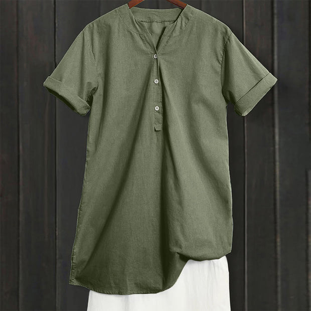 Buddha Stones Casual Plain Button Notched Collar Women's Short Sleeve Shirt
