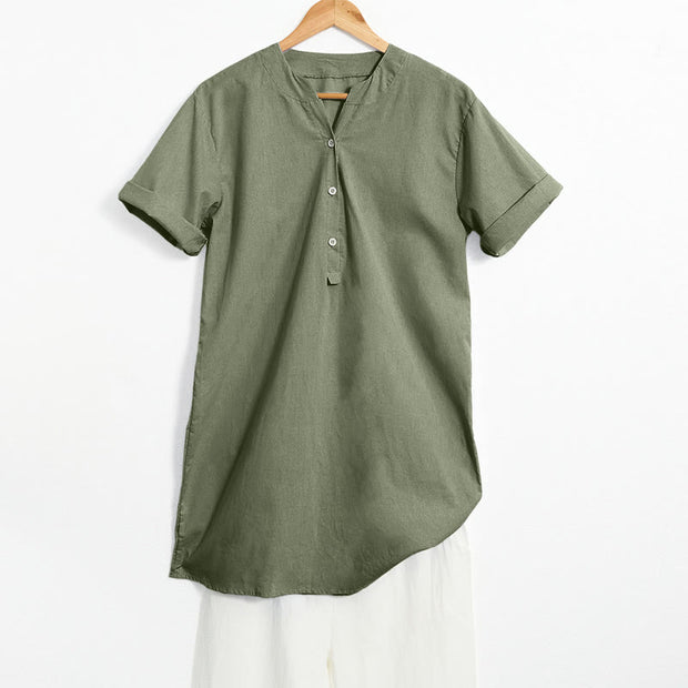 Buddha Stones Casual Plain Button Notched Collar Women's Short Sleeve Shirt