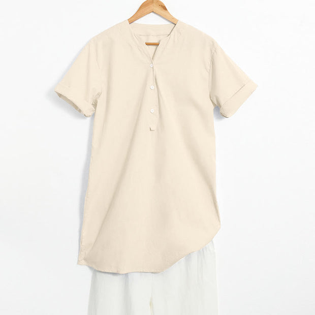 Buddha Stones Casual Plain Button Notched Collar Women's Short Sleeve Shirt