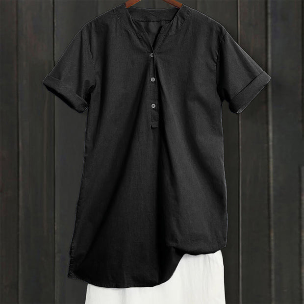 Buddha Stones Casual Plain Button Notched Collar Women's Short Sleeve Shirt