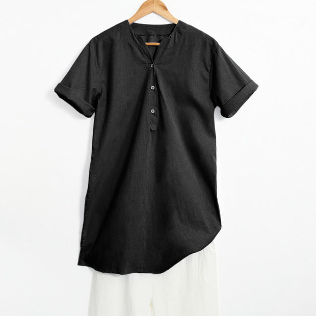 Buddha Stones Casual Plain Button Notched Collar Women's Short Sleeve Shirt