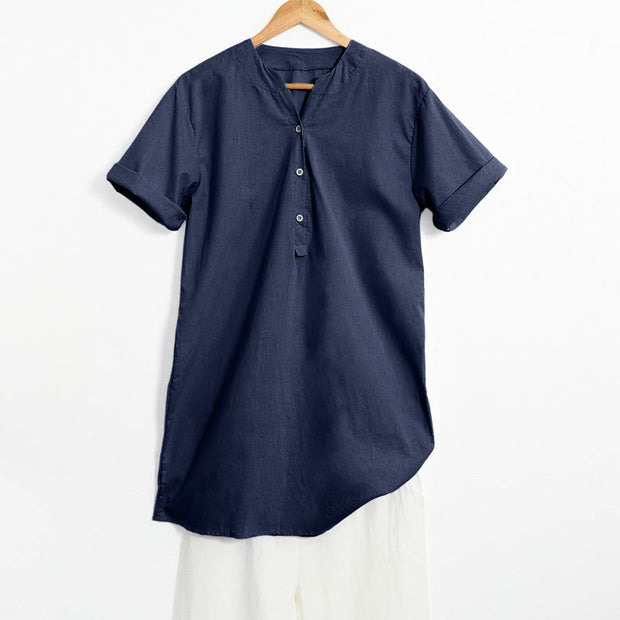 Buddha Stones Casual Plain Button Notched Collar Women's Short Sleeve Shirt