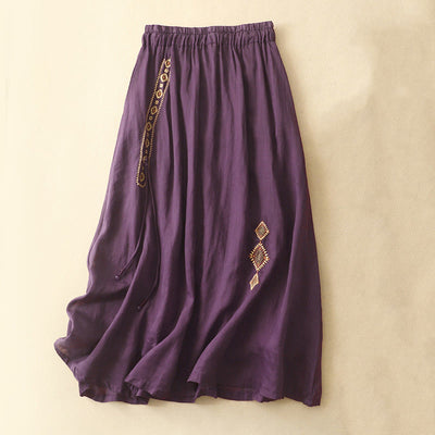 Buddha Stones Ethnic Vintage Embroidery Button Design Women's Cotton Linen 7-8 Length Skirt