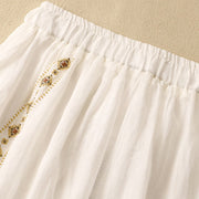 Buddha Stones Ethnic Vintage Embroidery Button Design Women's Cotton Linen 7-8 Length Skirt