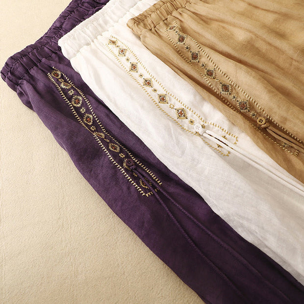 Buddha Stones Ethnic Vintage Embroidery Button Design Women's Cotton Linen 7-8 Length Skirt