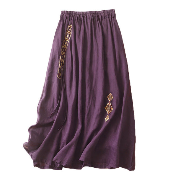 Buddha Stones Ethnic Vintage Embroidery Button Design Women's Cotton Linen 7-8 Length Skirt