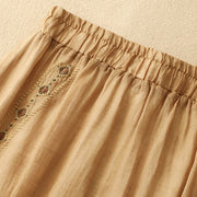 Buddha Stones Ethnic Vintage Embroidery Button Design Women's Cotton Linen 7-8 Length Skirt