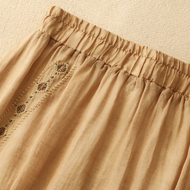 Buddha Stones Ethnic Vintage Embroidery Button Design Women's Cotton Linen 7-8 Length Skirt