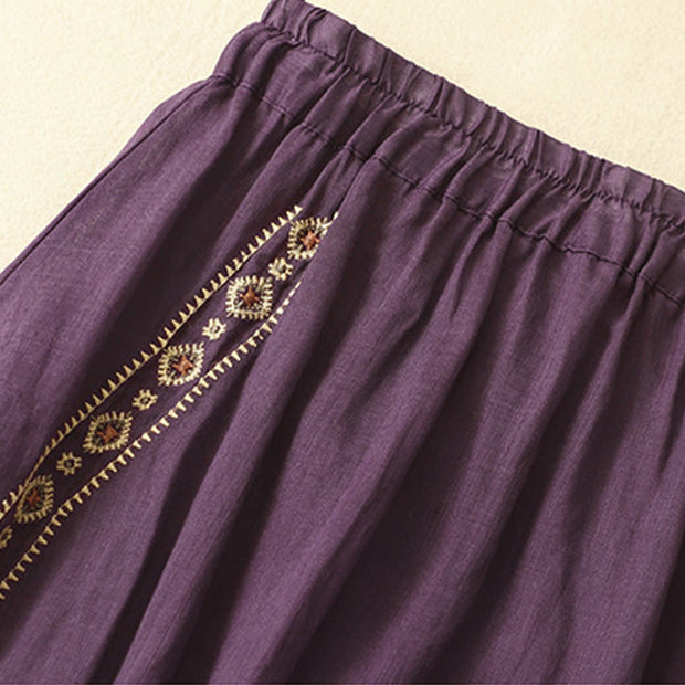 Buddha Stones Ethnic Vintage Embroidery Button Design Women's Cotton Linen 7-8 Length Skirt