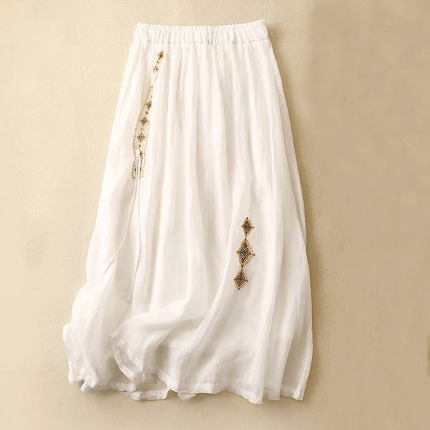 Buddha Stones Ethnic Vintage Embroidery Button Design Women's Cotton Linen 7-8 Length Skirt