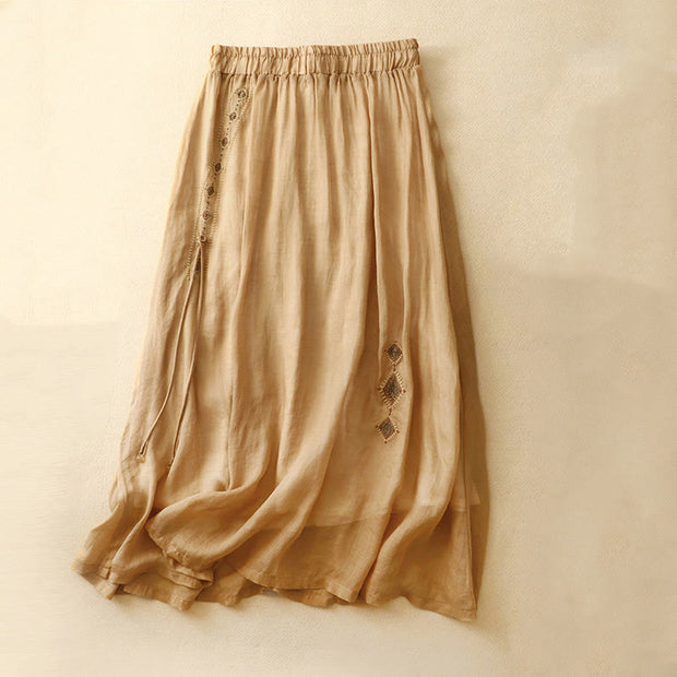 Buddha Stones Ethnic Vintage Embroidery Button Design Women's Cotton Linen 7-8 Length Skirt