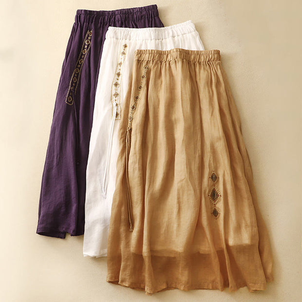 Buddha Stones Ethnic Vintage Embroidery Button Design Women's Cotton Linen 7-8 Length Skirt