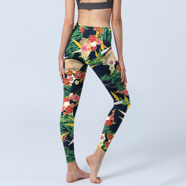 Buddha Stones Red Flowers Yellow-green Bamboo Pine Trees Print Gym Leggings Women's Yoga Pants - image 5