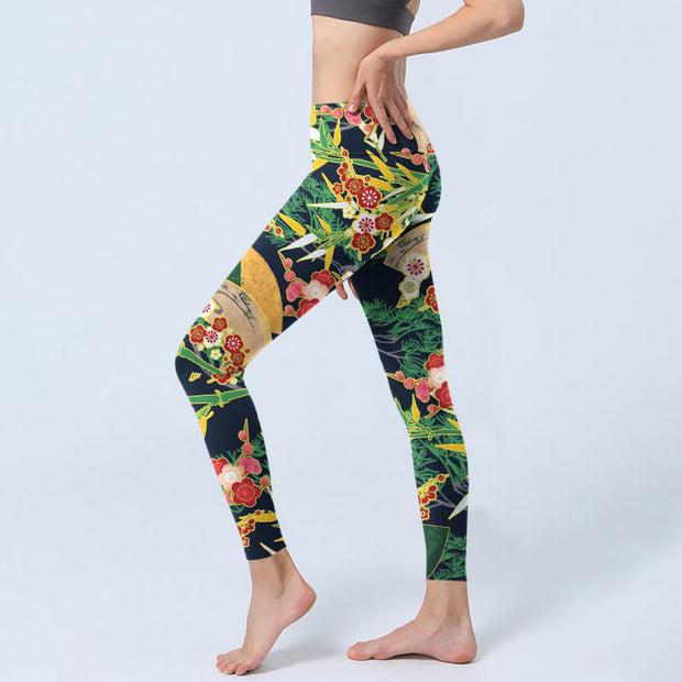 Buddha Stones Red Flowers Yellow-green Bamboo Pine Trees Print Gym Leggings Women's Yoga Pants - image 3