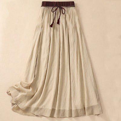 Buddha Stones Casual Contrasting Color Pleated Lace-Up Design Women's Cotton Linen 7-8 Length Skirt