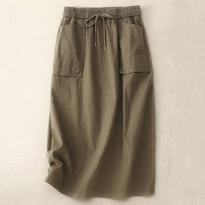 Buddha Stones Vintage Plain Drawstring Button Design Slide Slite Women's Cotton Linen 7-8 Length Skirt With Pockets