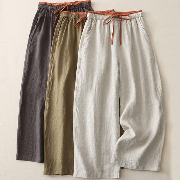 Buddha Stones Casual Colorblock Drawstring Women's Cotton Wide Leg Pants With Pockets