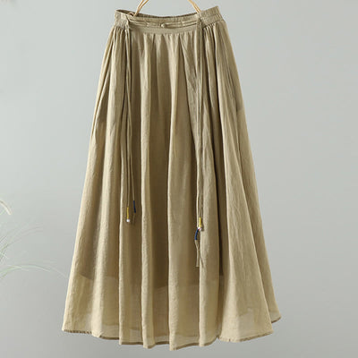 Buddha Stones Summer Retro Pure Color Tassel Design Women's Cotton Linen Skirt With Pockets