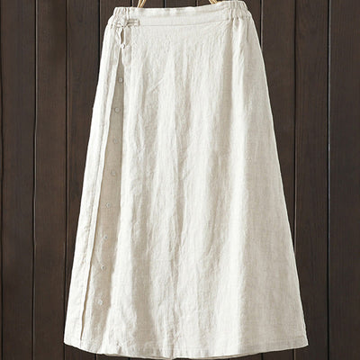 Buddha Stones Artistic Casual Plain Side Button Design Printing Dyeing Women's Cotton Linen Skirt With Pockets