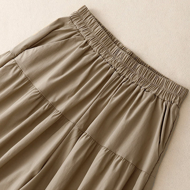 Buddha Stones Casual Loose Plain Women's Cotton Elastic 7-8 Length Wide Leg Pants With Pockets