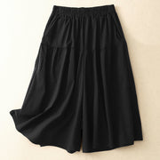Buddha Stones Casual Loose Plain Women's Cotton Elastic 7-8 Length Wide Leg Pants With Pockets