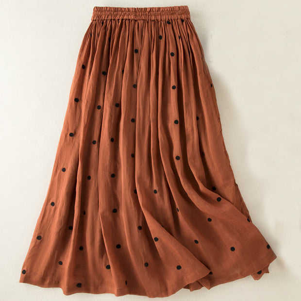 Buddha Stones Artistic Vintage Dot Pattern Women's Cotton Linen Pleated Skirt