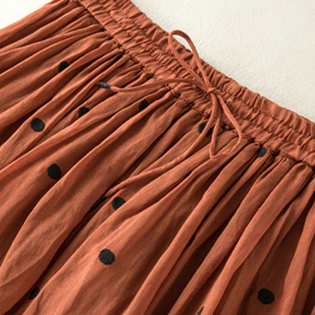 Buddha Stones Artistic Vintage Dot Pattern Women's Cotton Linen Pleated Skirt