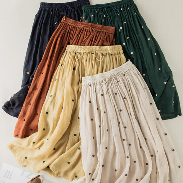 Buddha Stones Artistic Vintage Dot Pattern Women's Cotton Linen Pleated Skirt