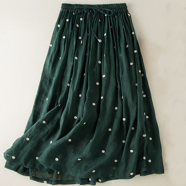 Buddha Stones Artistic Vintage Dot Pattern Women's Cotton Linen Pleated Skirt