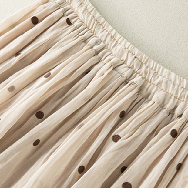 Buddha Stones Artistic Vintage Dot Pattern Women's Cotton Linen Pleated Skirt