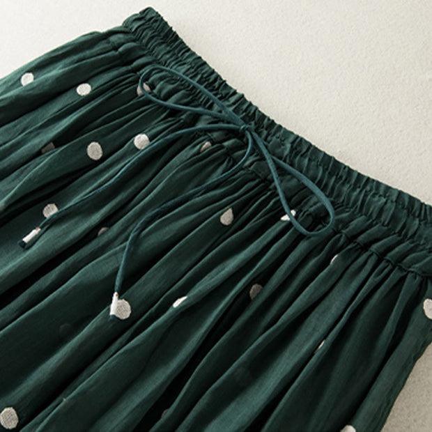 Buddha Stones Artistic Vintage Dot Pattern Women's Cotton Linen Pleated Skirt