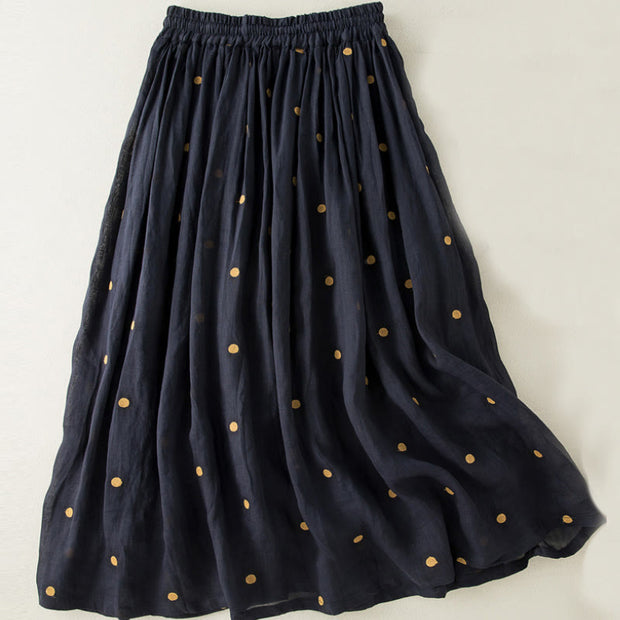 Buddha Stones Artistic Vintage Dot Pattern Women's Cotton Linen Pleated Skirt